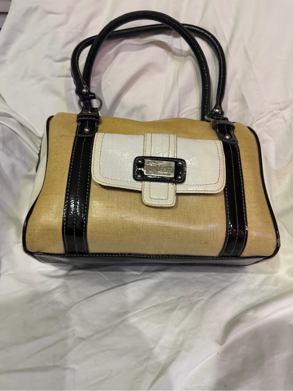 Nine & Co. Beige Canvas Satchel with Black Patent Trim & White Flap